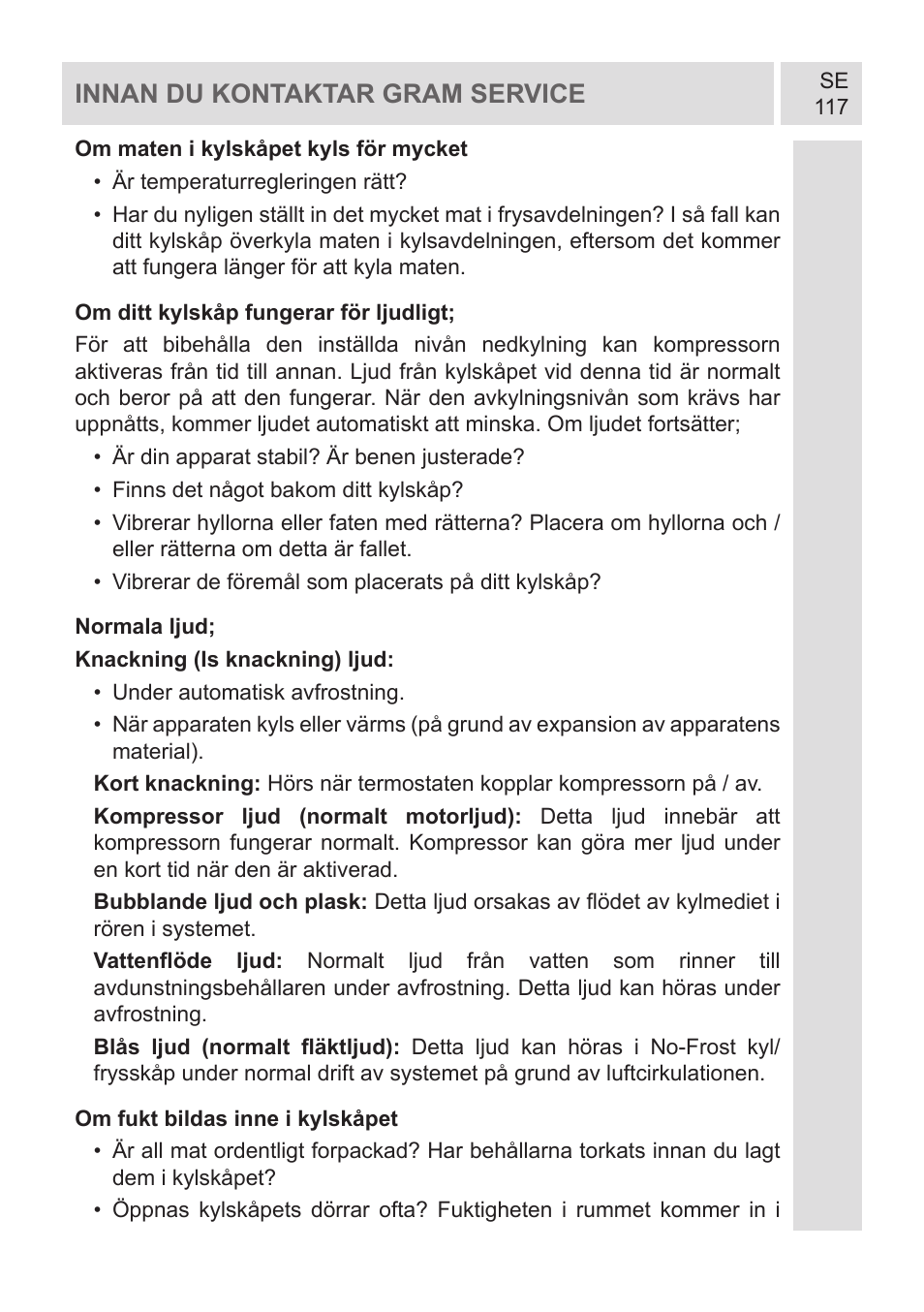 Innan du kontaktar gram service | GRAM KF 482064 FN/1 User Manual | Page 118 / 124