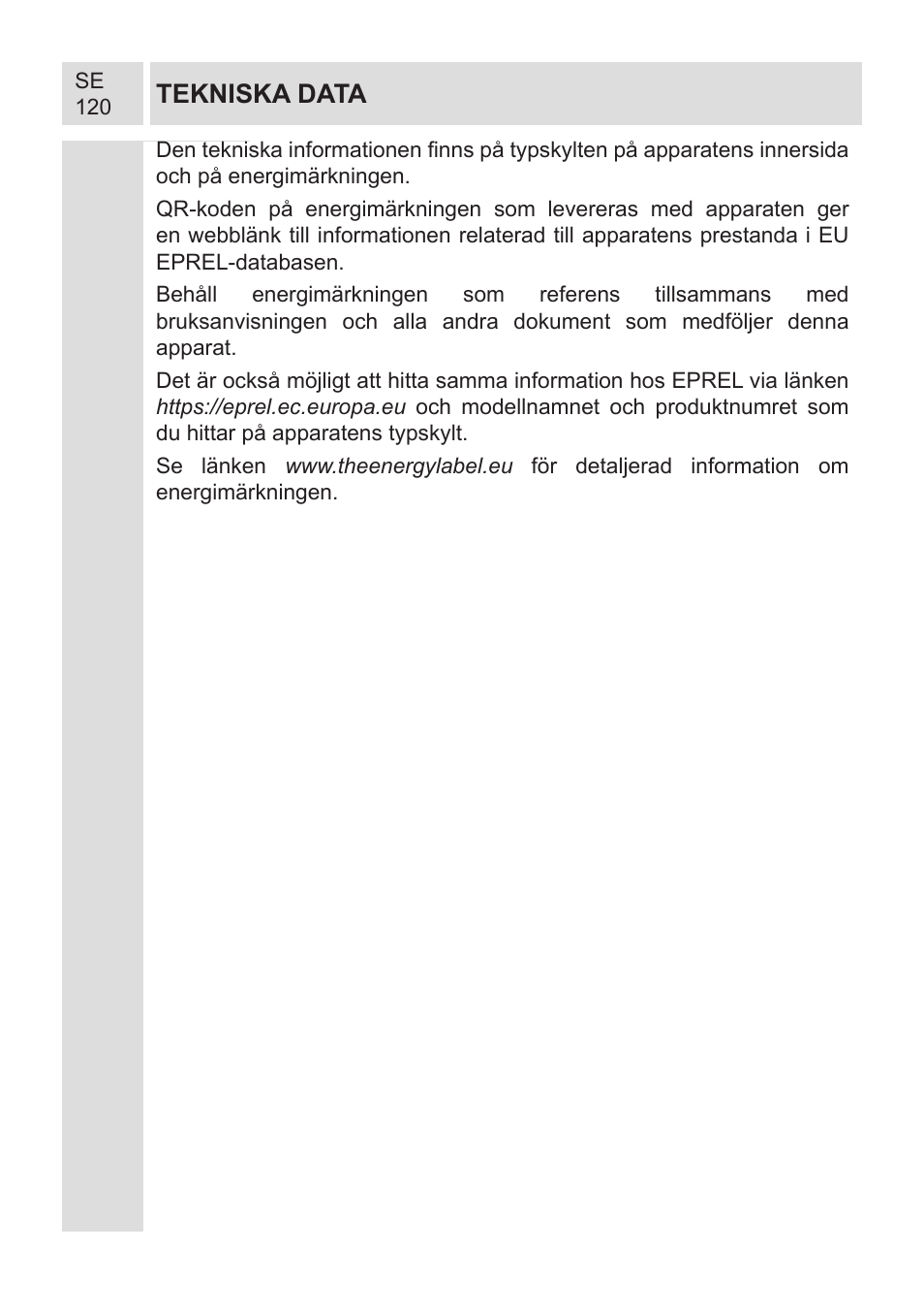 Tekniska data | GRAM KF 482064 FN/1 User Manual | Page 121 / 124