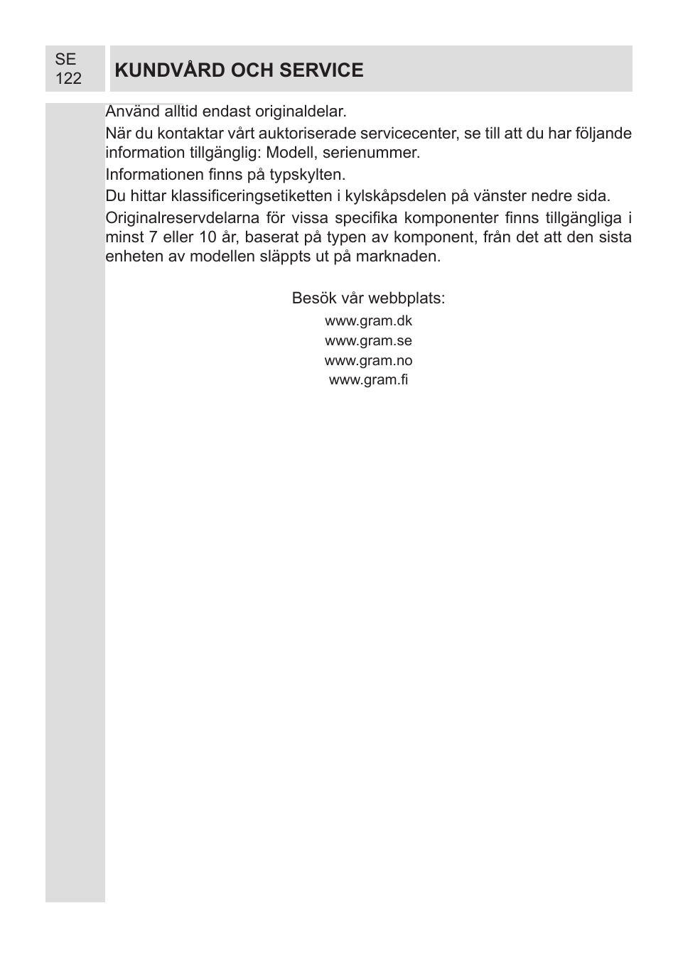 Kundvård och service | GRAM KF 482064 FN/1 User Manual | Page 123 / 124