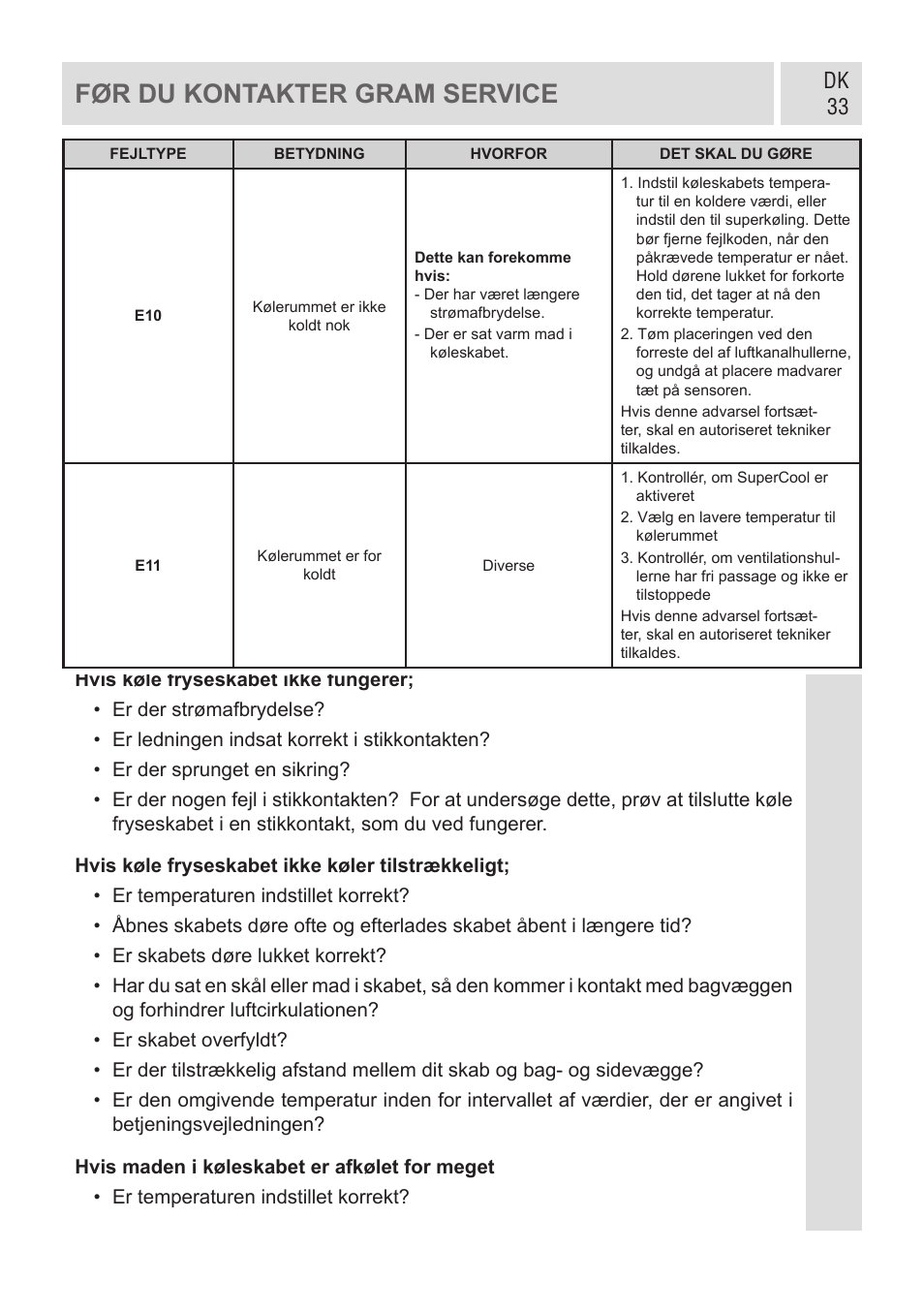 Før du kontakter gram service | GRAM KF 482064 FN/1 User Manual | Page 34 / 124