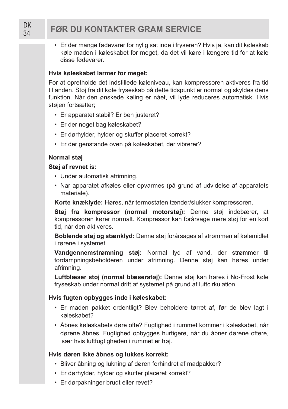 Før du kontakter gram service | GRAM KF 482064 FN/1 User Manual | Page 35 / 124