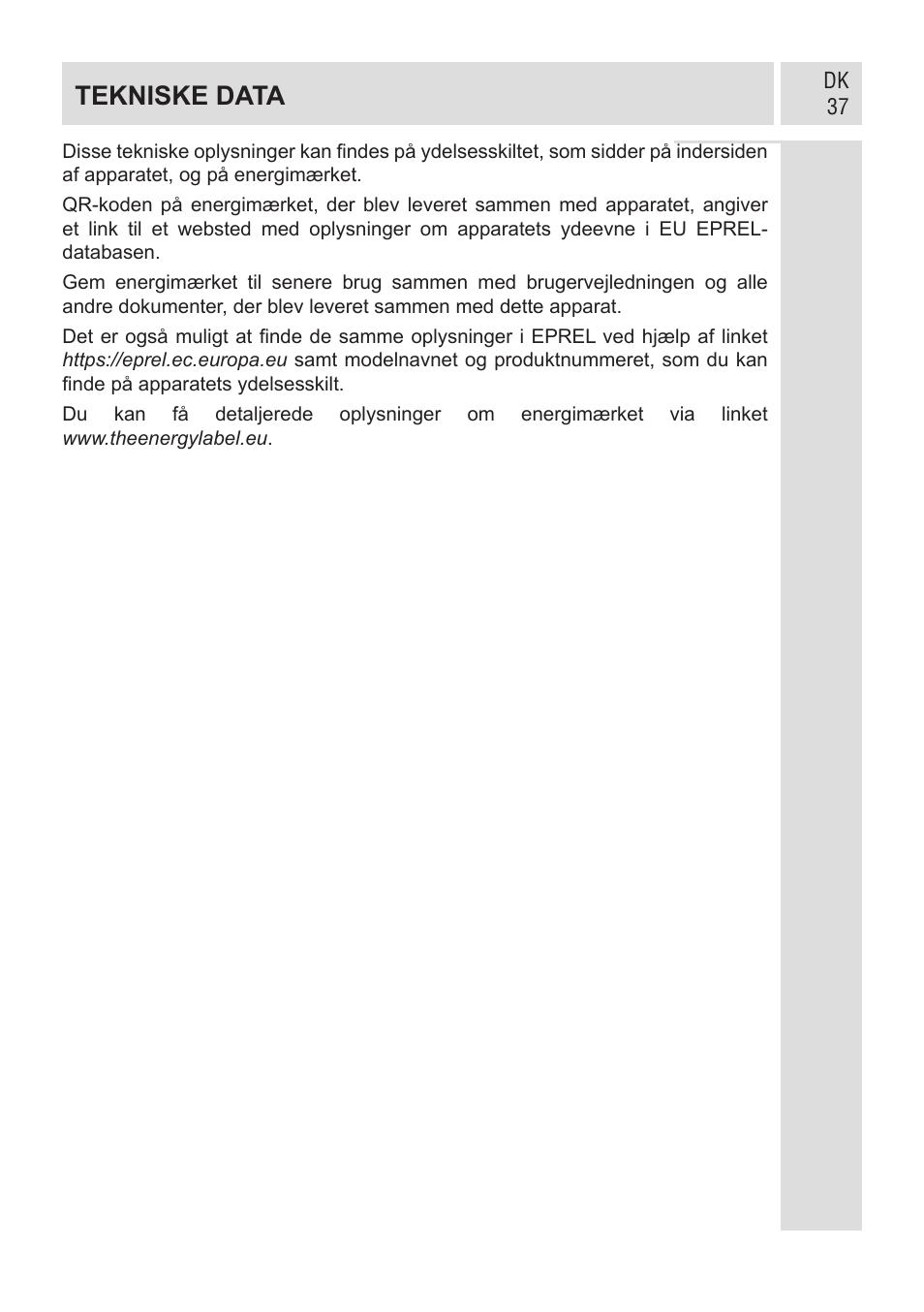 Tekniske data | GRAM KF 482064 FN/1 User Manual | Page 38 / 124