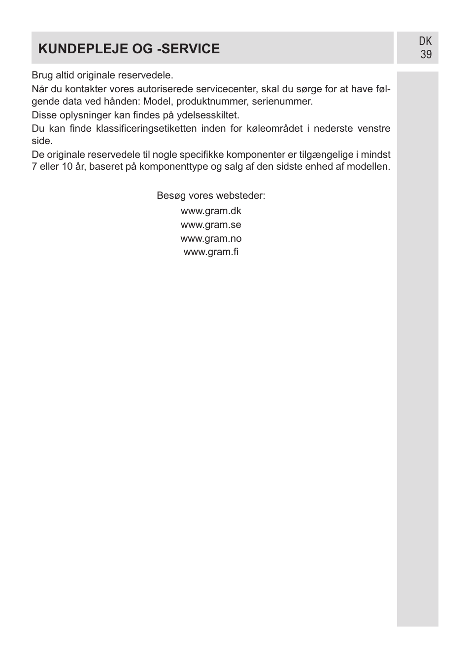 Kundepleje og -service | GRAM KF 482064 FN/1 User Manual | Page 40 / 124