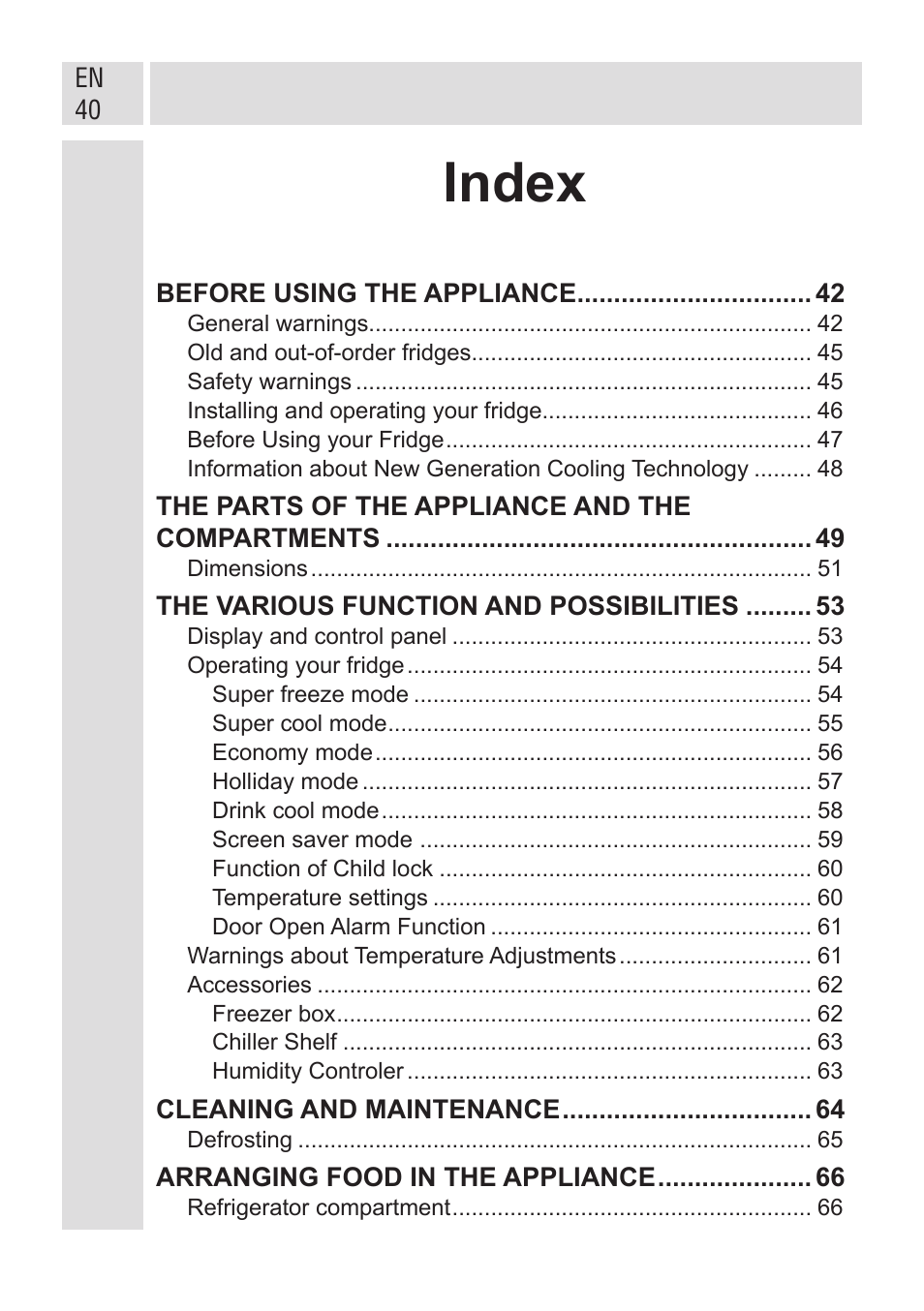 Index | GRAM KF 482064 FN/1 User Manual | Page 41 / 124