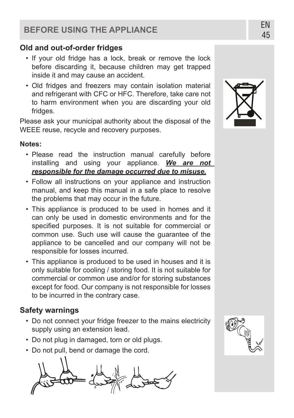 En 45 before using the appliance | GRAM KF 482064 FN/1 User Manual | Page 46 / 124