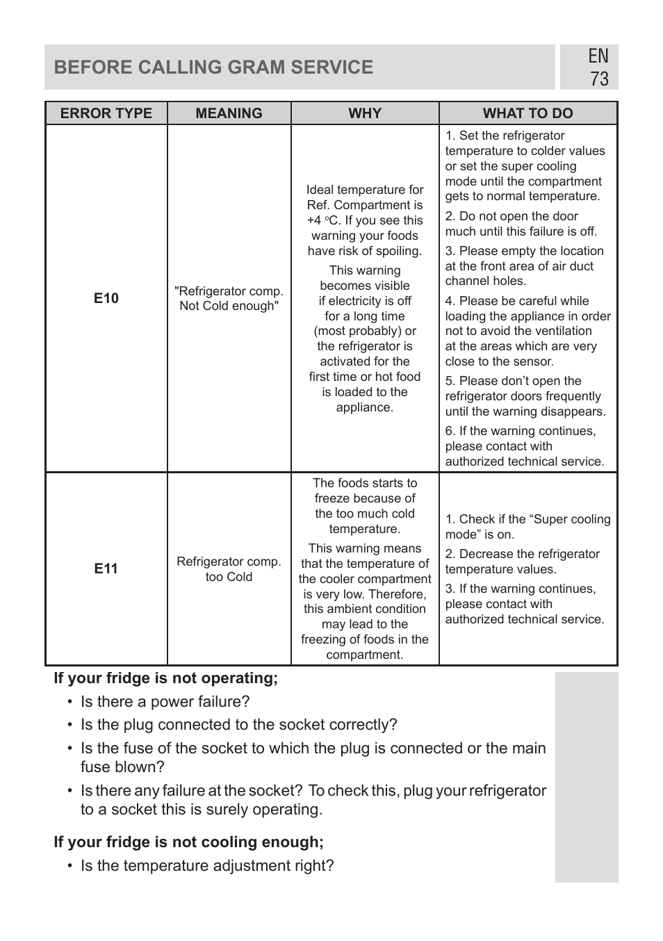 En 73, Before calling gram service | GRAM KF 482064 FN/1 User Manual | Page 74 / 124