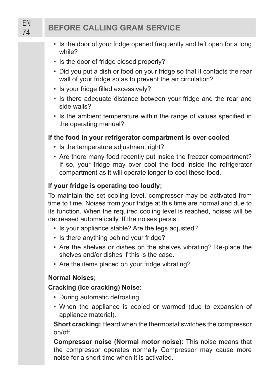 En 74 before calling gram service | GRAM KF 482064 FN/1 User Manual | Page 75 / 124