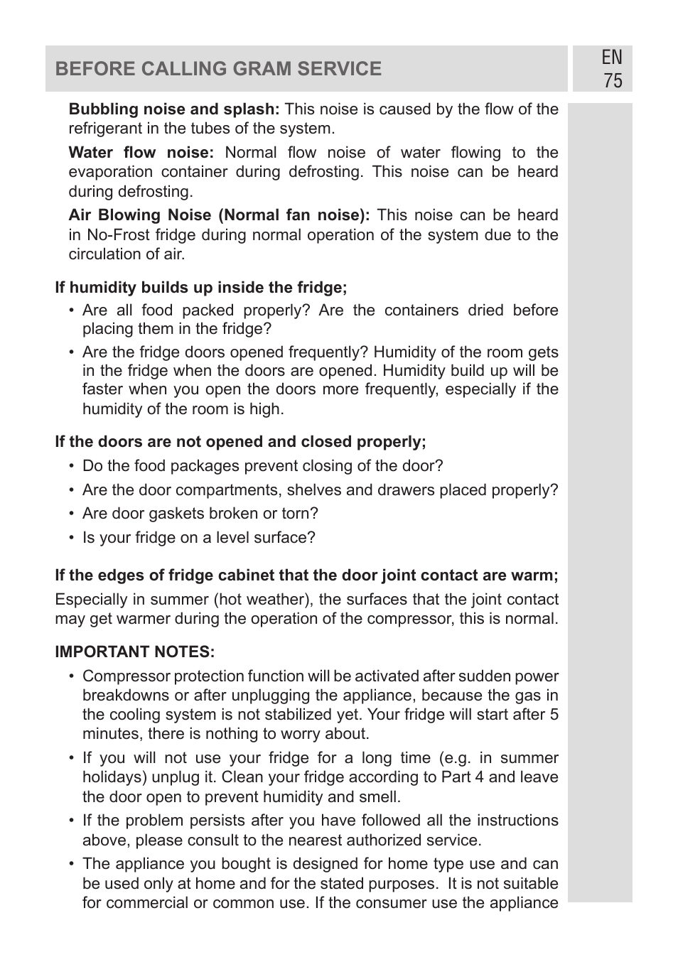 En 75 before calling gram service | GRAM KF 482064 FN/1 User Manual | Page 76 / 124