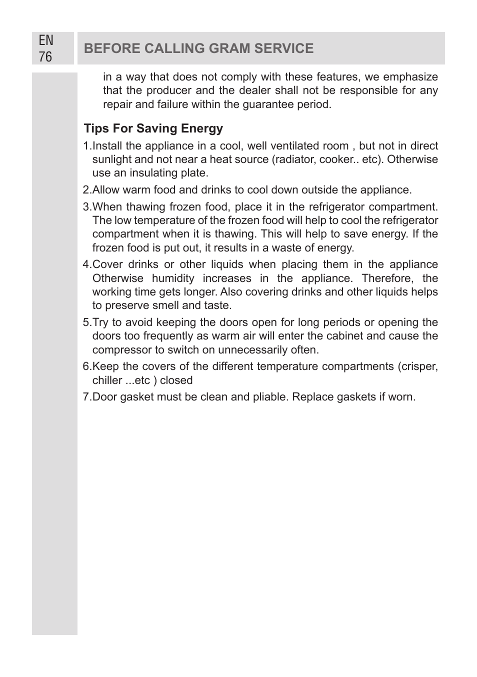 En 76 before calling gram service | GRAM KF 482064 FN/1 User Manual | Page 77 / 124