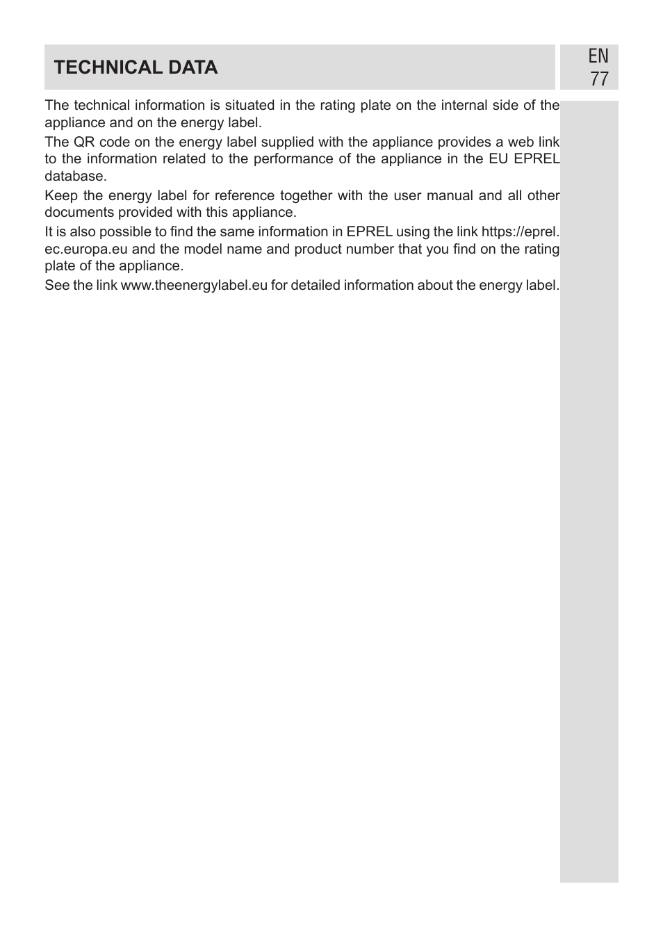 En 77 technical data | GRAM KF 482064 FN/1 User Manual | Page 78 / 124