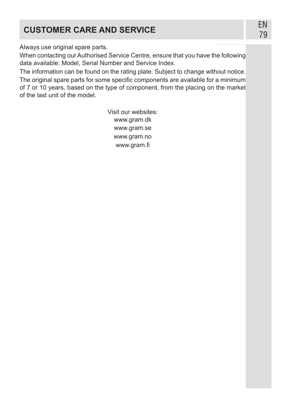 En 79 customer care and service | GRAM KF 482064 FN/1 User Manual | Page 80 / 124