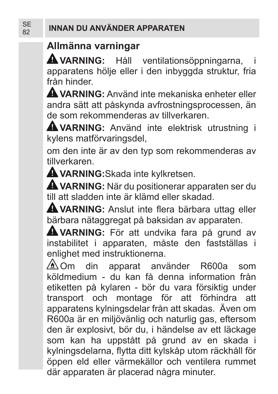 Allmänna varningar | GRAM KF 482064 FN/1 User Manual | Page 83 / 124