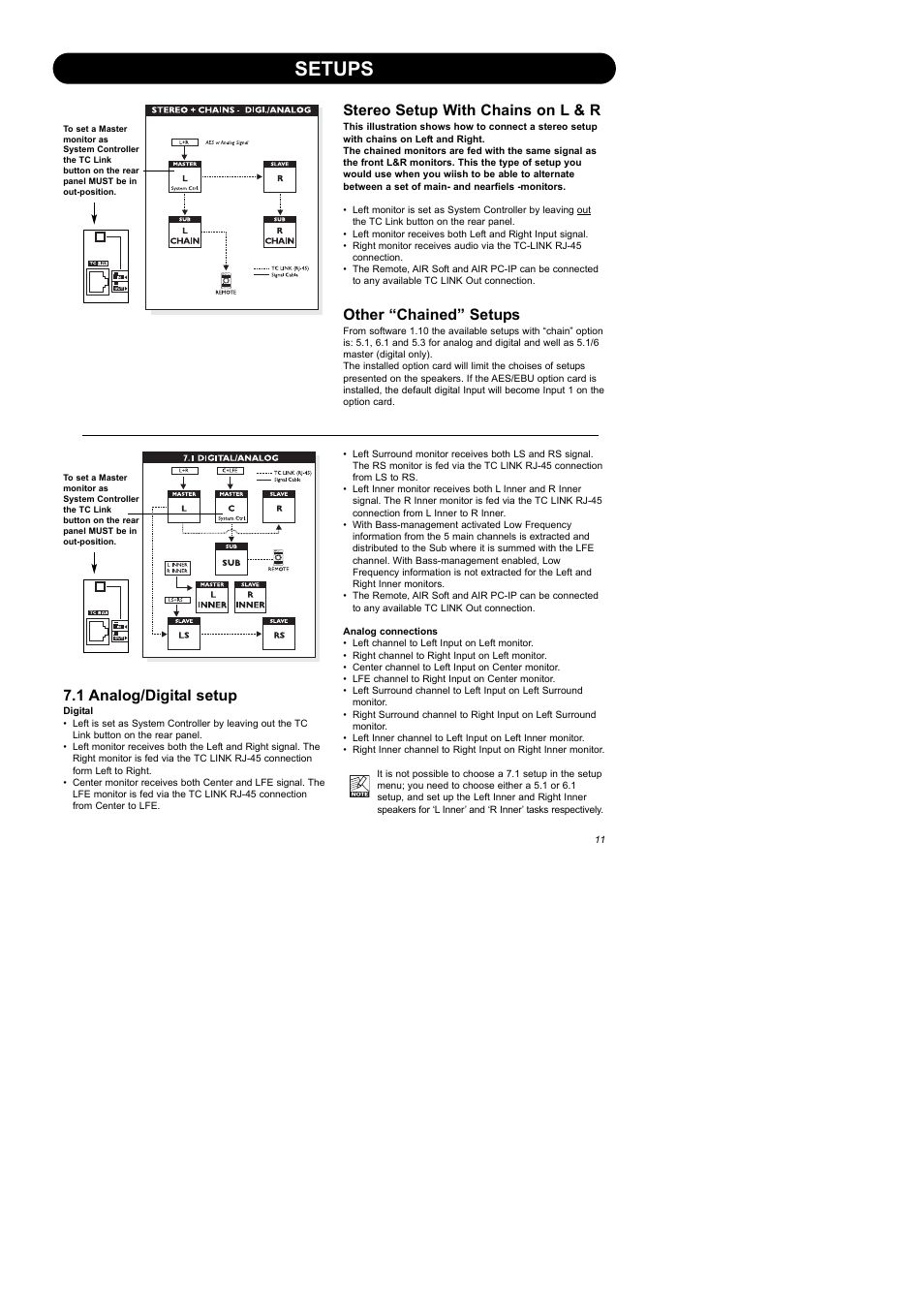 Setups, Stereo setup with chains on l & r, Other “chained” setups | 1 analog/digital setup | Dynaudio Air Series User Manual | Page 13 / 60