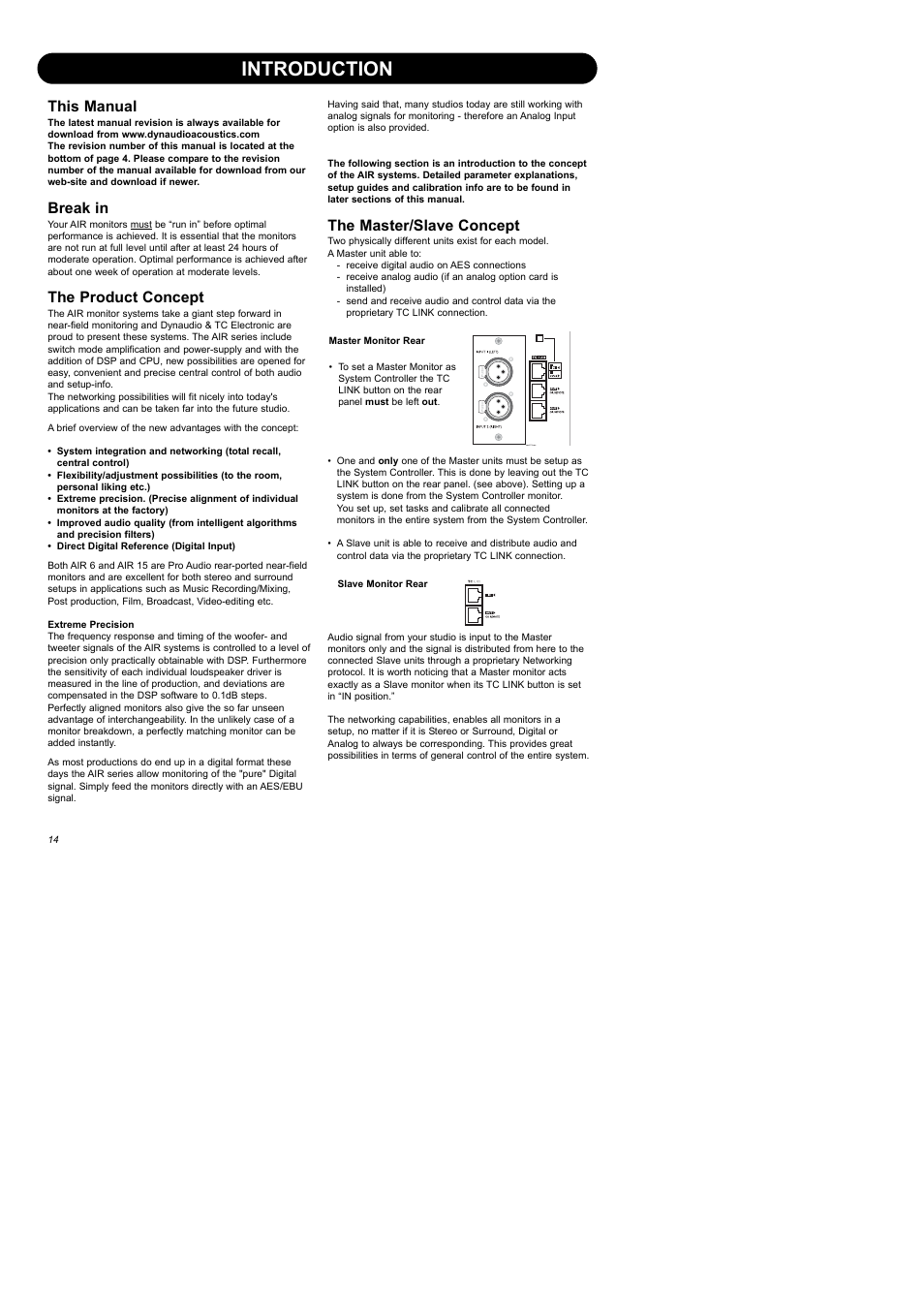 Introduction, This manual, Break in | The product concept, The master/slave concept | Dynaudio Air Series User Manual | Page 16 / 60
