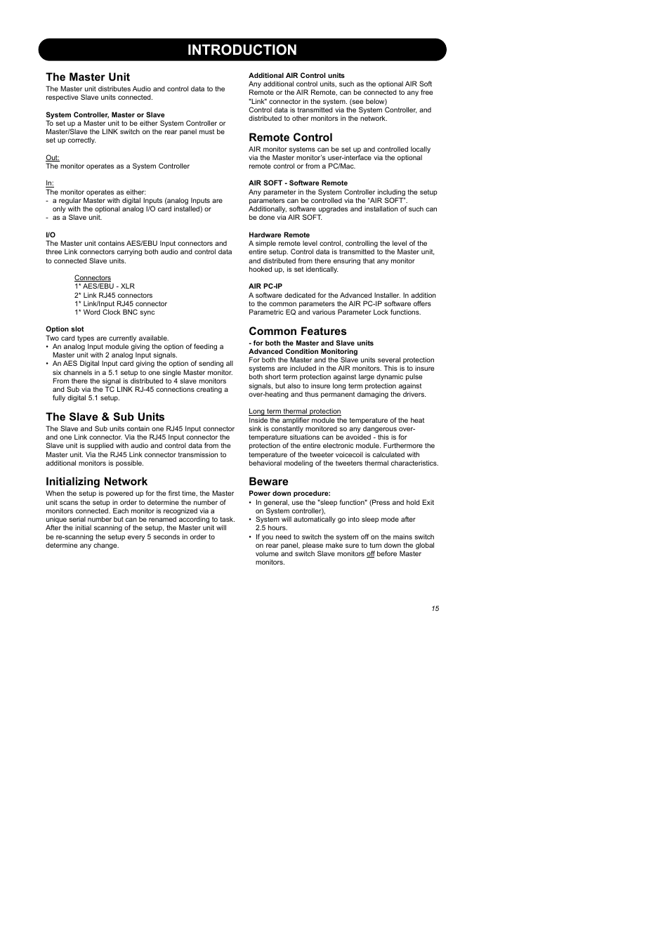 Introduction, The master unit, The slave & sub units | Initializing network, Remote control, Common features, Beware | Dynaudio Air Series User Manual | Page 17 / 60