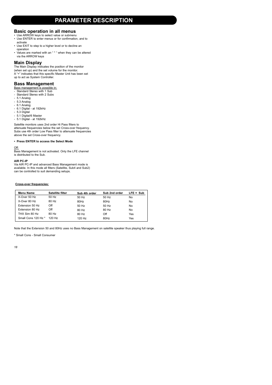 Parameter description, Basic operation in all menus, Main display | Bass management | Dynaudio Air Series User Manual | Page 20 / 60