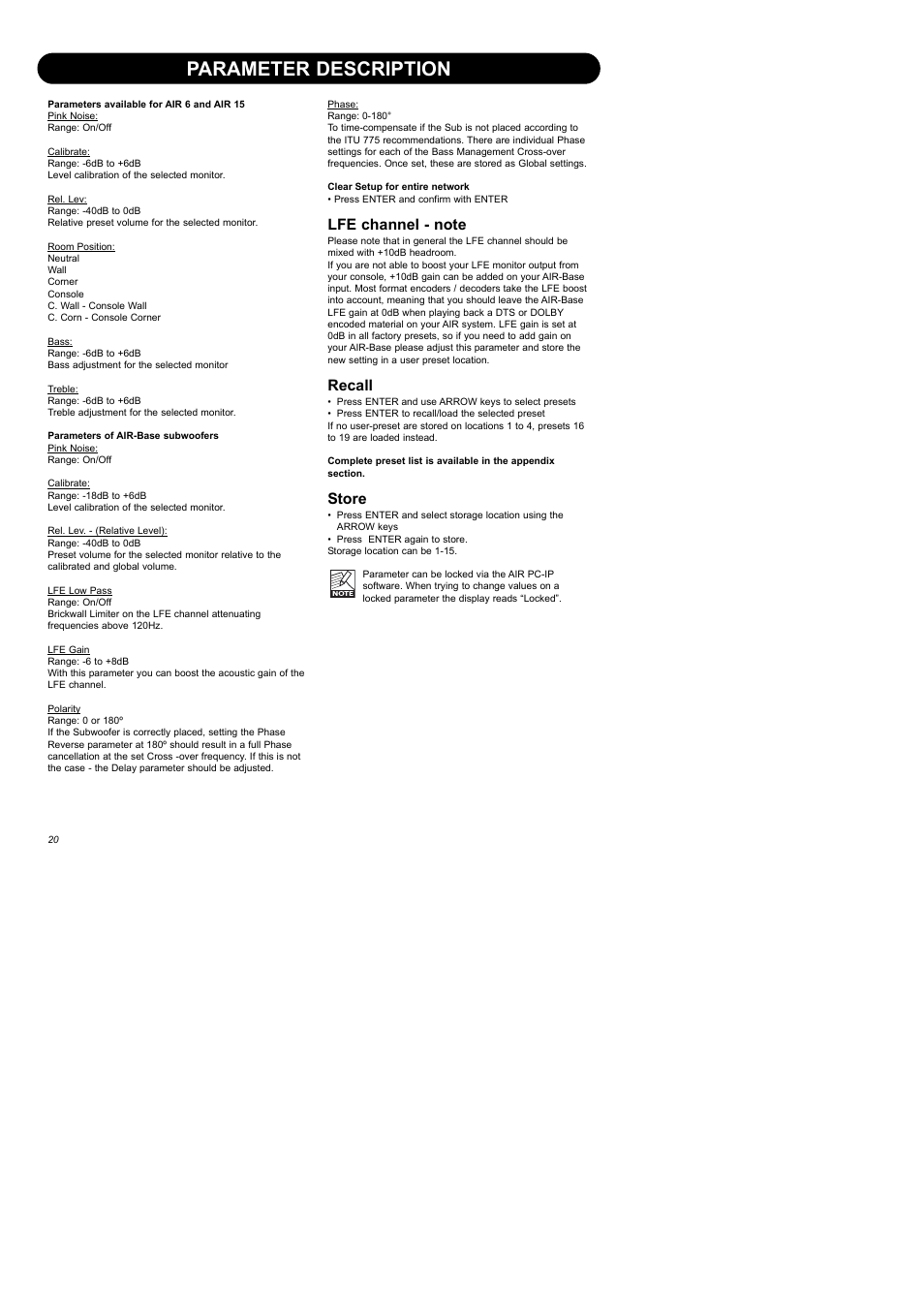 Parameter description, Recall, Store | Dynaudio Air Series User Manual | Page 22 / 60
