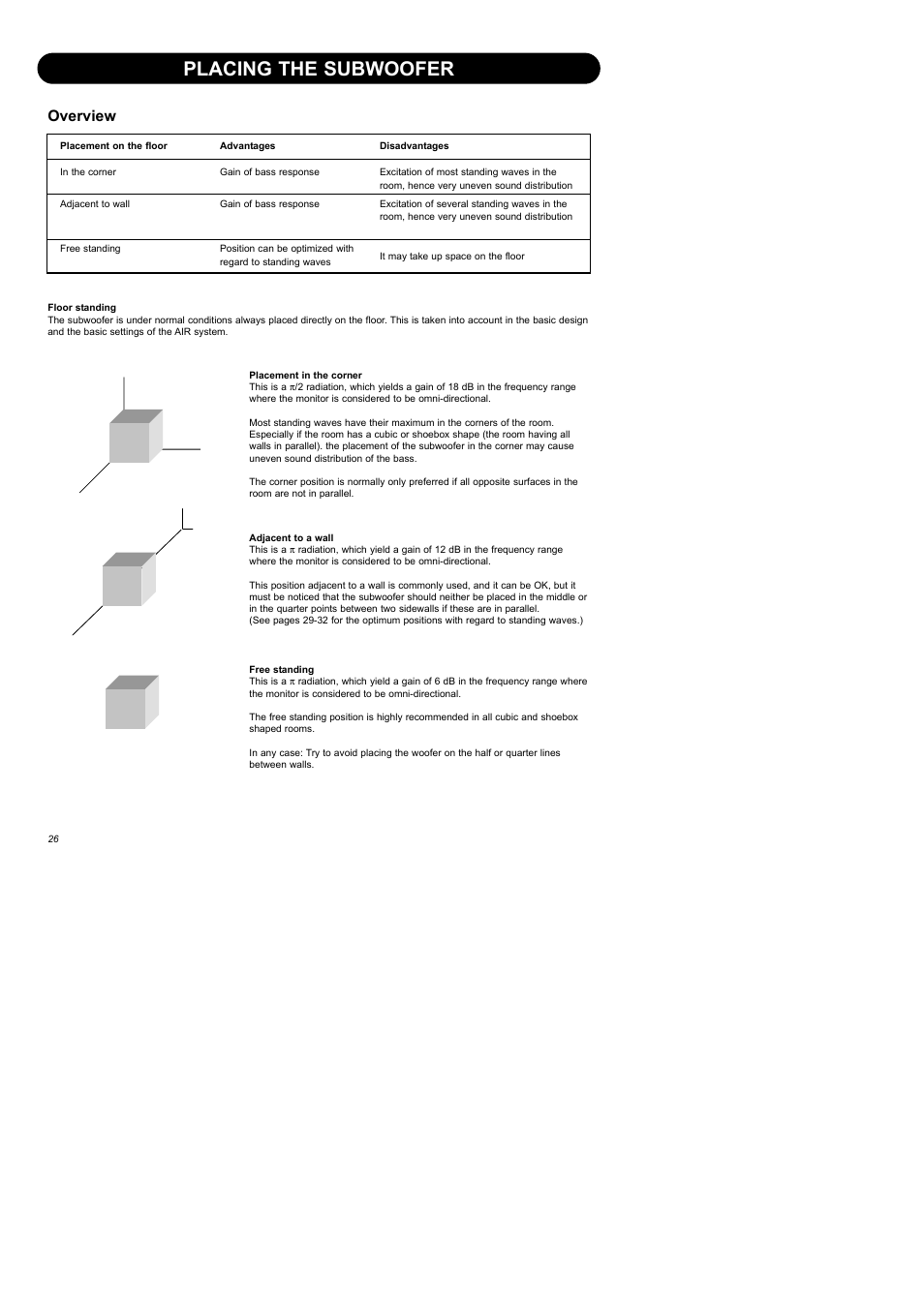 Placing the subwoofer, Overview | Dynaudio Air Series User Manual | Page 28 / 60