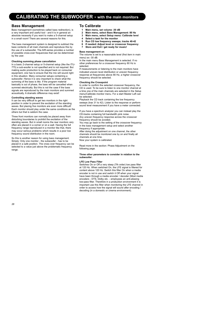 Calibrating the subwoofer, With the main monitors bass management | Dynaudio Air Series User Manual | Page 30 / 60