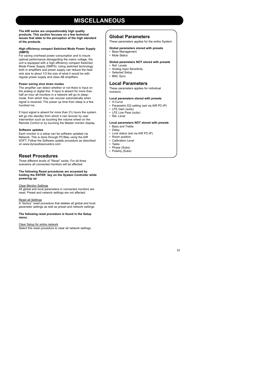 Miscellaneous, Reset procedures, Global parameters | Local parameters | Dynaudio Air Series User Manual | Page 53 / 60