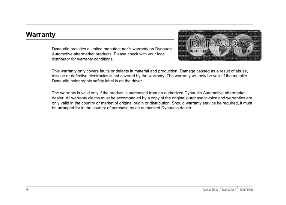 Warranty | Dynaudio SERIES 2 ESOTEC User Manual | Page 4 / 16