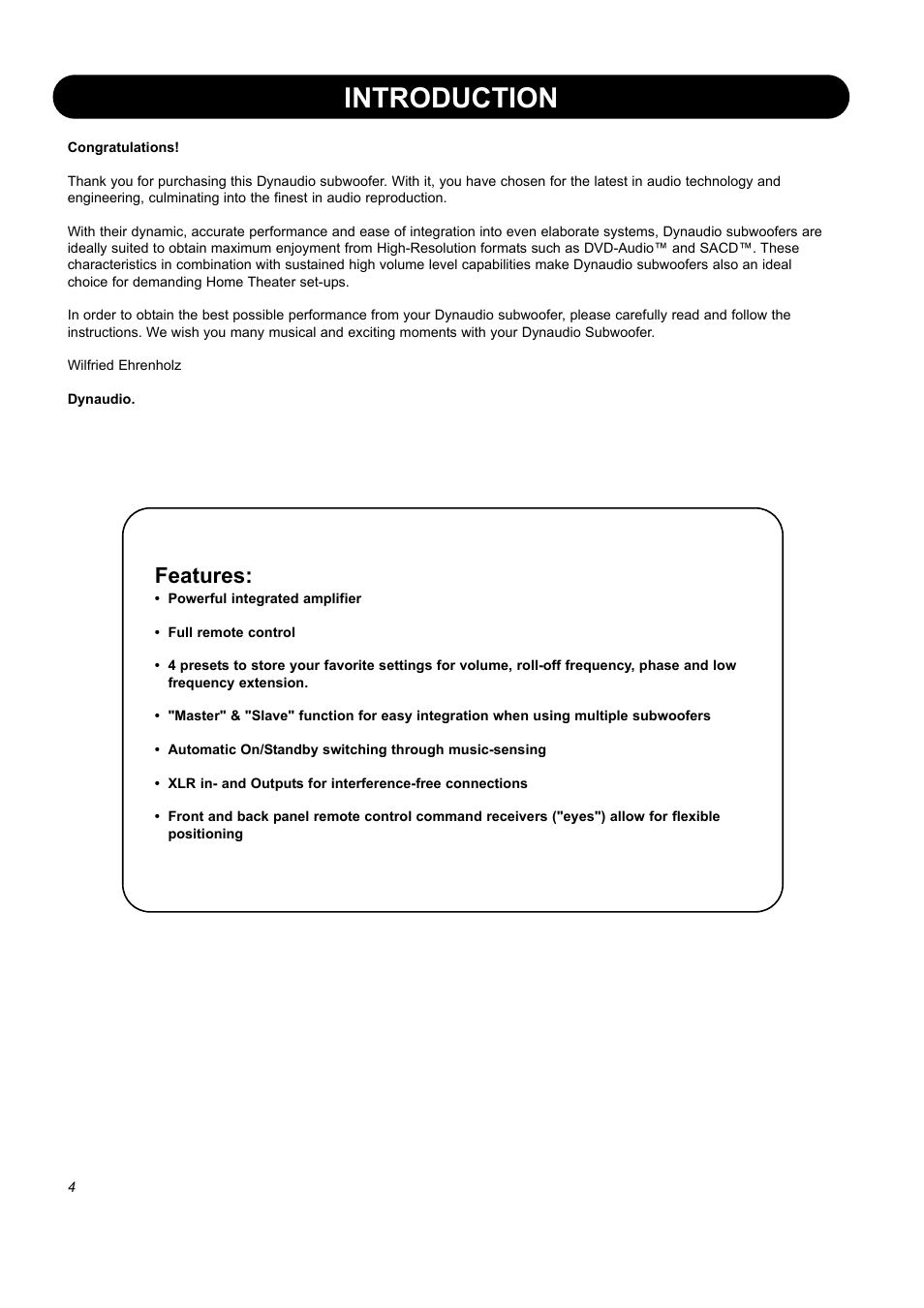 Introduction, Features | Dynaudio BM10S User Manual | Page 6 / 22