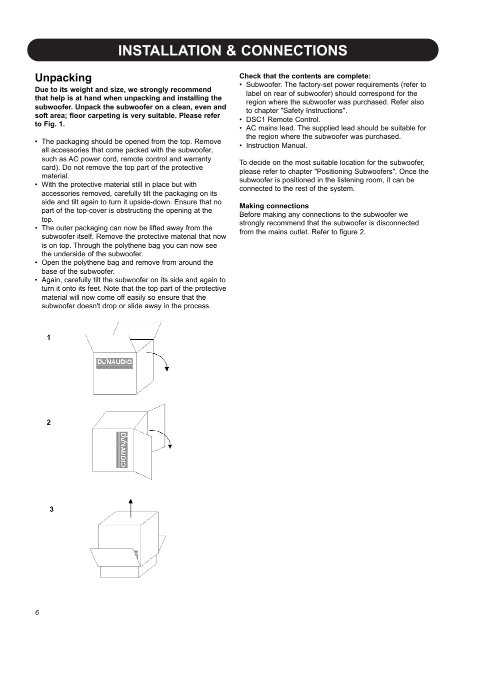 Installation & connections, Unpacking | Dynaudio BM10S User Manual | Page 8 / 22