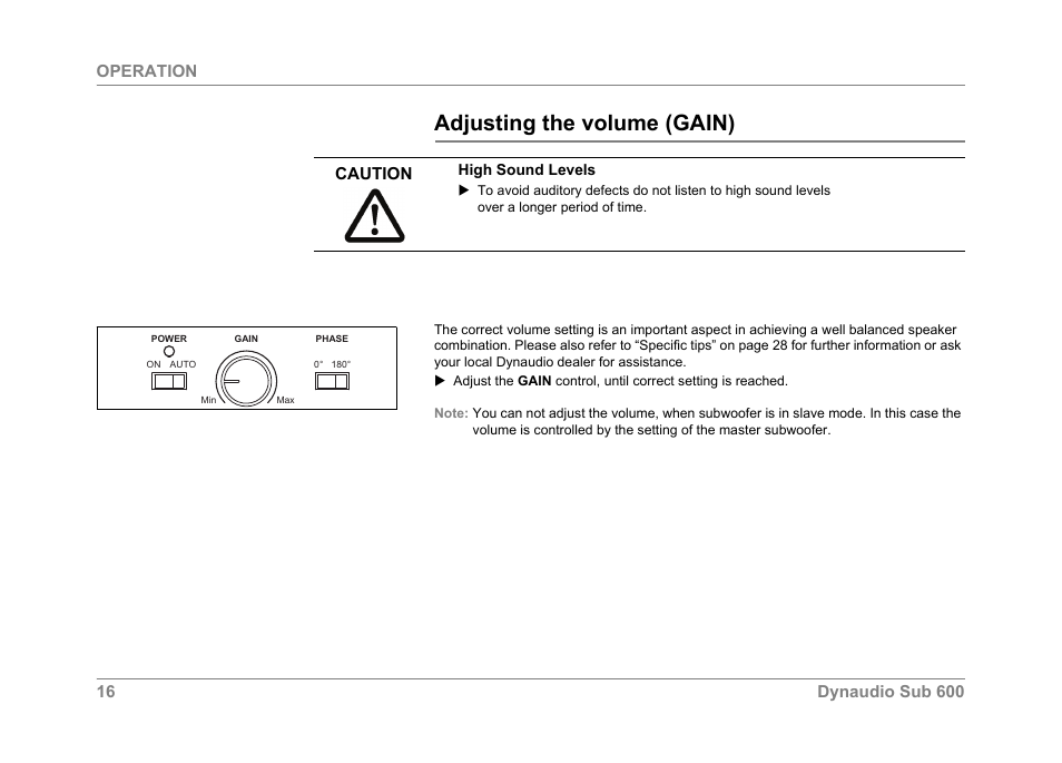 Adjusting the volume (gain), Caution | Dynaudio SUB 600 User Manual | Page 19 / 42