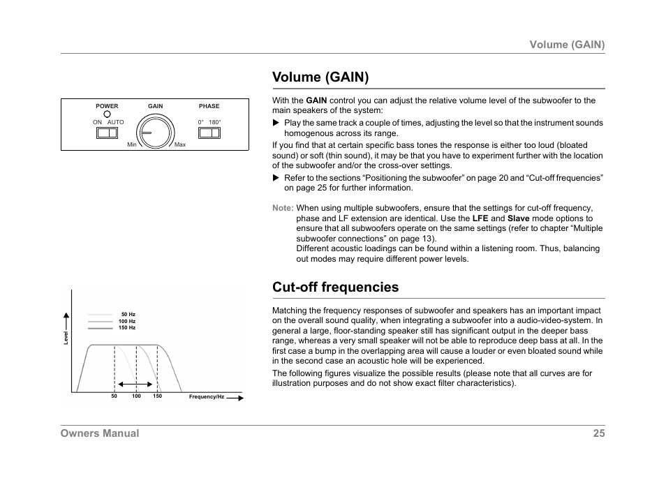 Volume (gain), Cut-off frequencies, Volume (gain) cut-off frequencies | Owners manual 25 volume (gain) | Dynaudio SUB 600 User Manual | Page 28 / 42