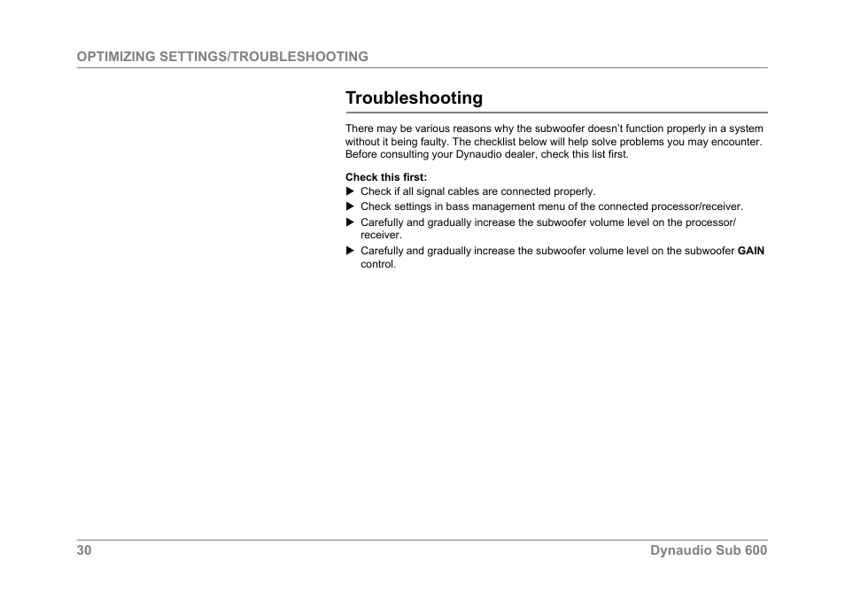 Troubleshooting | Dynaudio SUB 600 User Manual | Page 33 / 42
