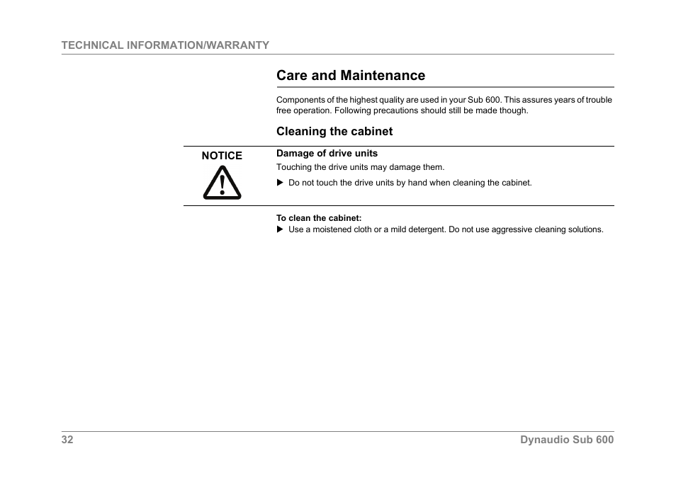 Care and maintenance, Cleaning the cabinet, Technical information/warranty | Dynaudio SUB 600 User Manual | Page 35 / 42