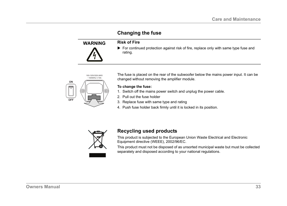 Changing the fuse, Recycling used products | Dynaudio SUB 600 User Manual | Page 36 / 42