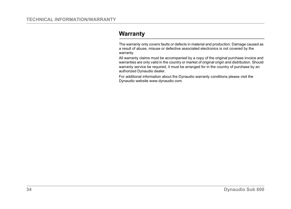 Warranty | Dynaudio SUB 600 User Manual | Page 37 / 42