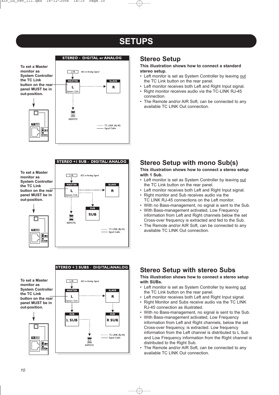 Setups, Stereo setup, Stereo setup with mono sub(s) | Stereo setup with stereo subs | Dynaudio pmn User Manual | Page 12 / 60