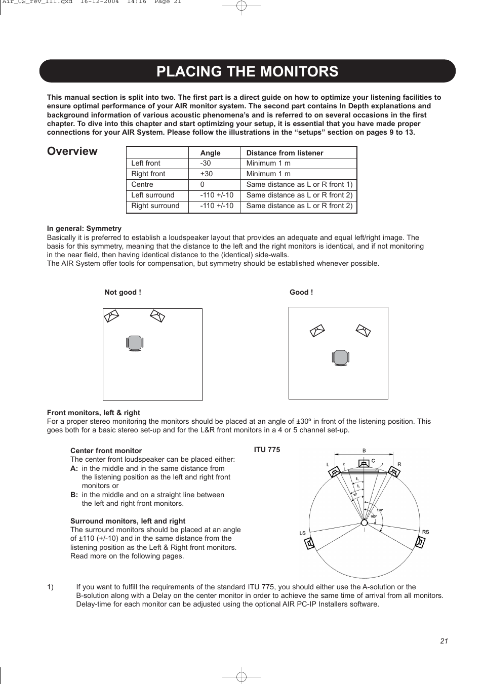 Placing the monitors, Overview | Dynaudio pmn User Manual | Page 23 / 60