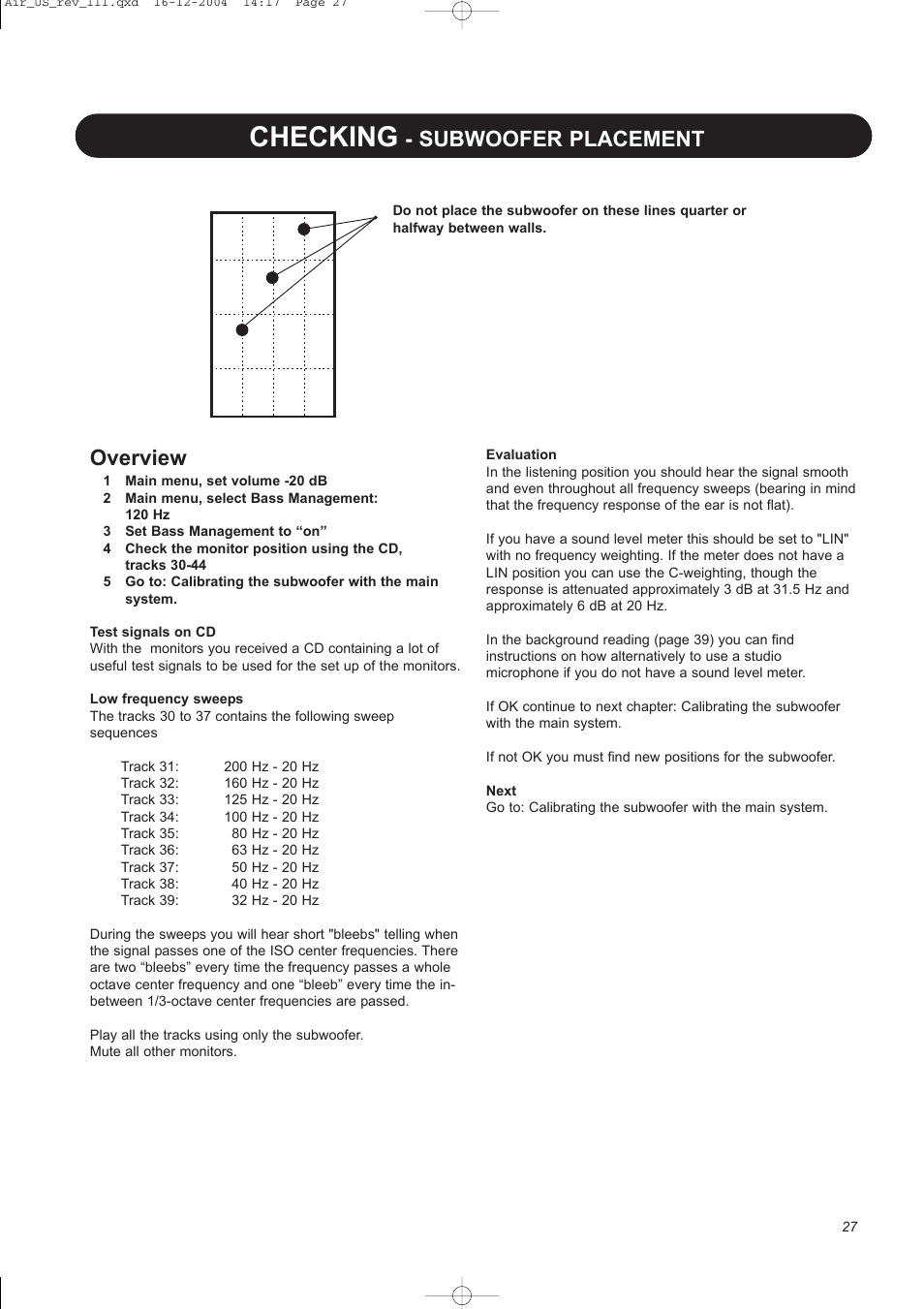 Checking, Subwoofer placement, Overview | Dynaudio pmn User Manual | Page 29 / 60