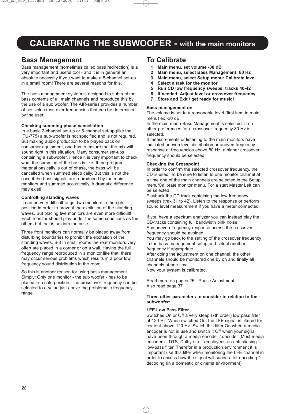 Calibrating the subwoofer, With the main monitors bass management | Dynaudio pmn User Manual | Page 30 / 60