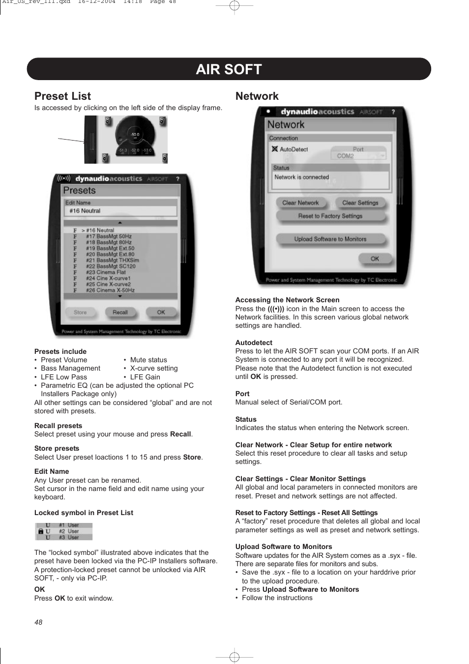 Air soft, Network, Preset list | Dynaudio pmn User Manual | Page 50 / 60