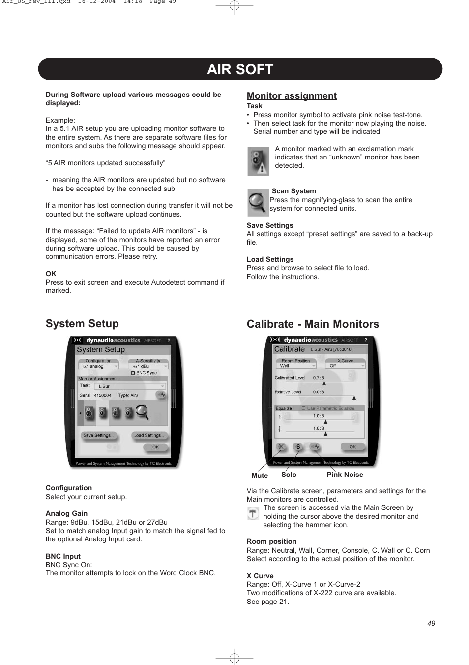 Air soft, System setup, Calibrate - main monitors | Monitor assignment | Dynaudio pmn User Manual | Page 51 / 60