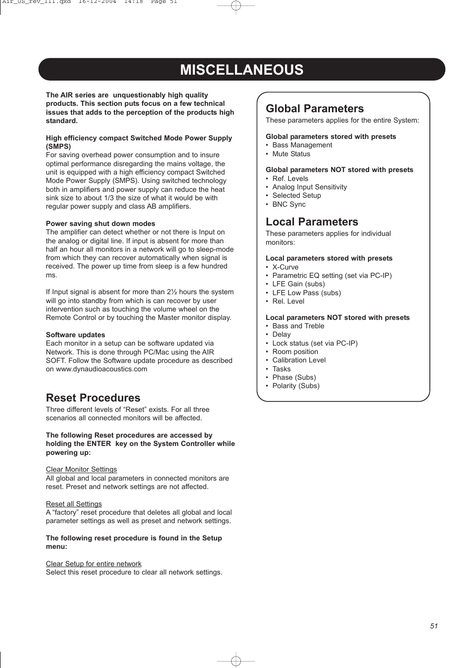 Miscellaneous, Reset procedures, Global parameters | Local parameters | Dynaudio pmn User Manual | Page 53 / 60