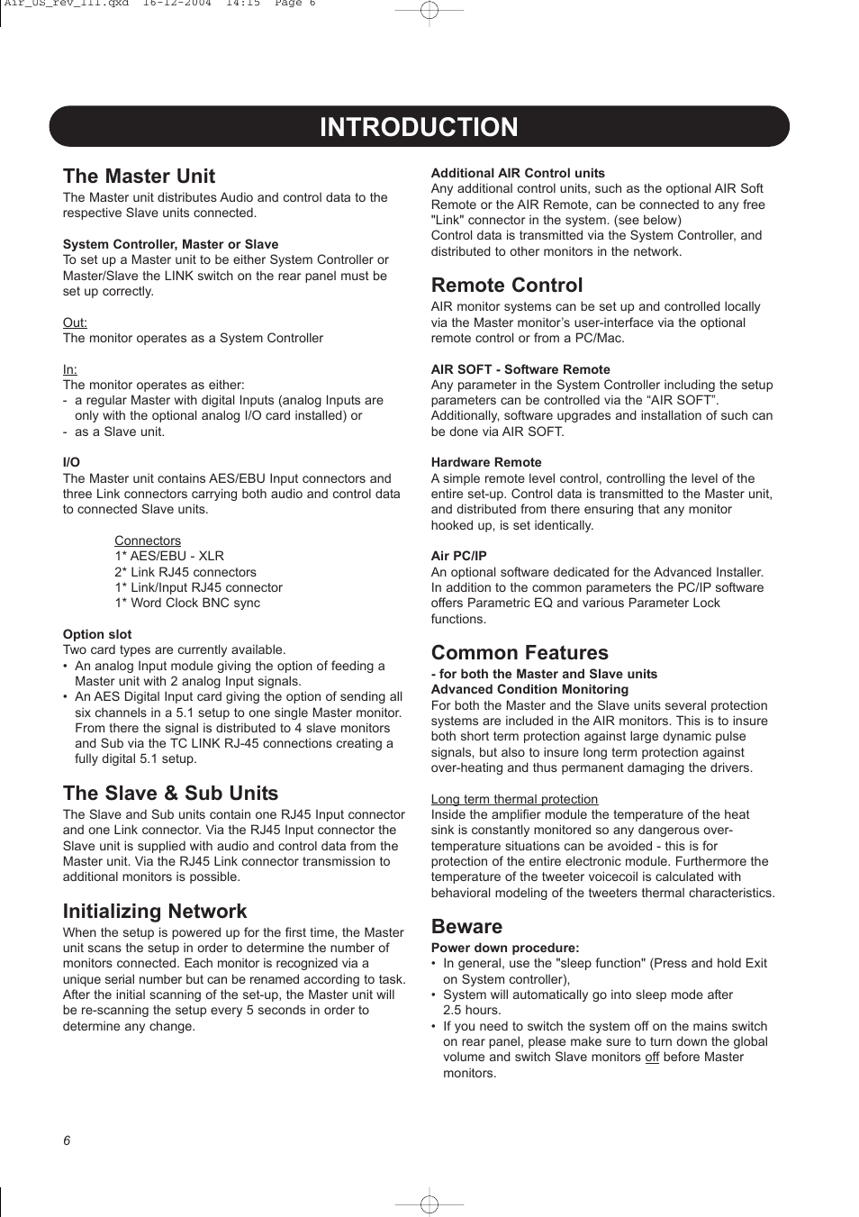 Introduction, The master unit, The slave & sub units | Initializing network, Remote control, Common features, Beware | Dynaudio pmn User Manual | Page 8 / 60