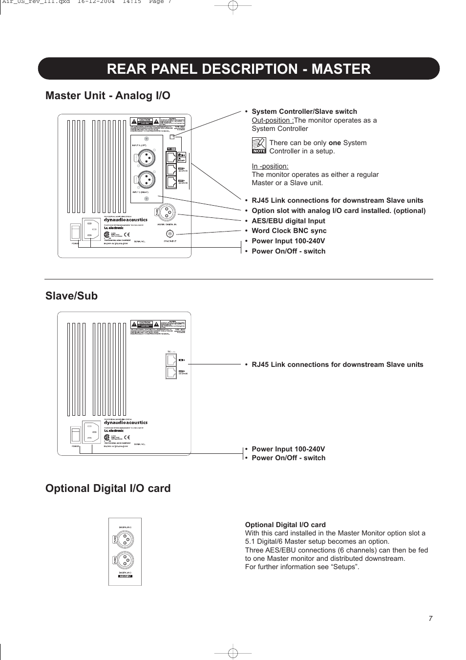 Rear panel description - master | Dynaudio pmn User Manual | Page 9 / 60