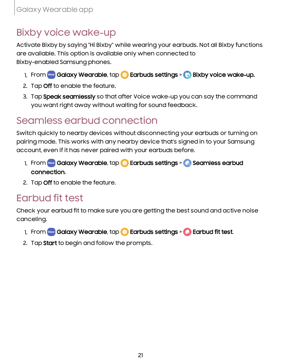 Bixby voice wake-up, Seamless earbud connection, Earbud fit test | Earbud, Test, Bixby, Voice, Wake-up, Seamless, Connection | Samsung Galaxy Buds2 Noise-Canceling True Wireless In-Ear Headphones (Lavender) User Manual | Page 21 / 27