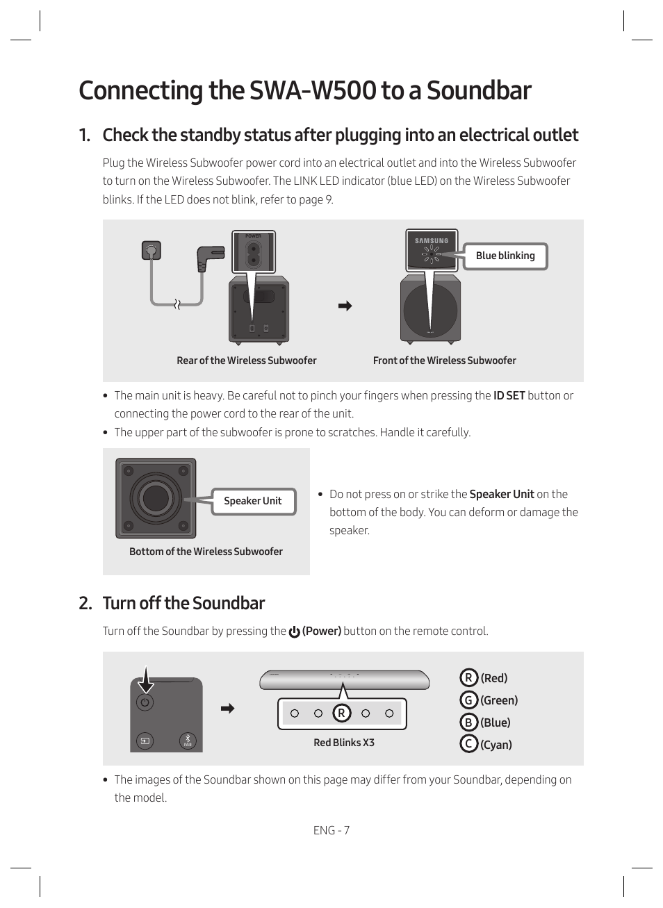 Checking the components, Specifications, Connecting the swa-w500 to a soundbar | Turn off the soundbar, Open source license notice | Samsung SWA-W510 6.5" Wireless Subwoofer for S-Series Soundbars User Manual | Page 7 / 11