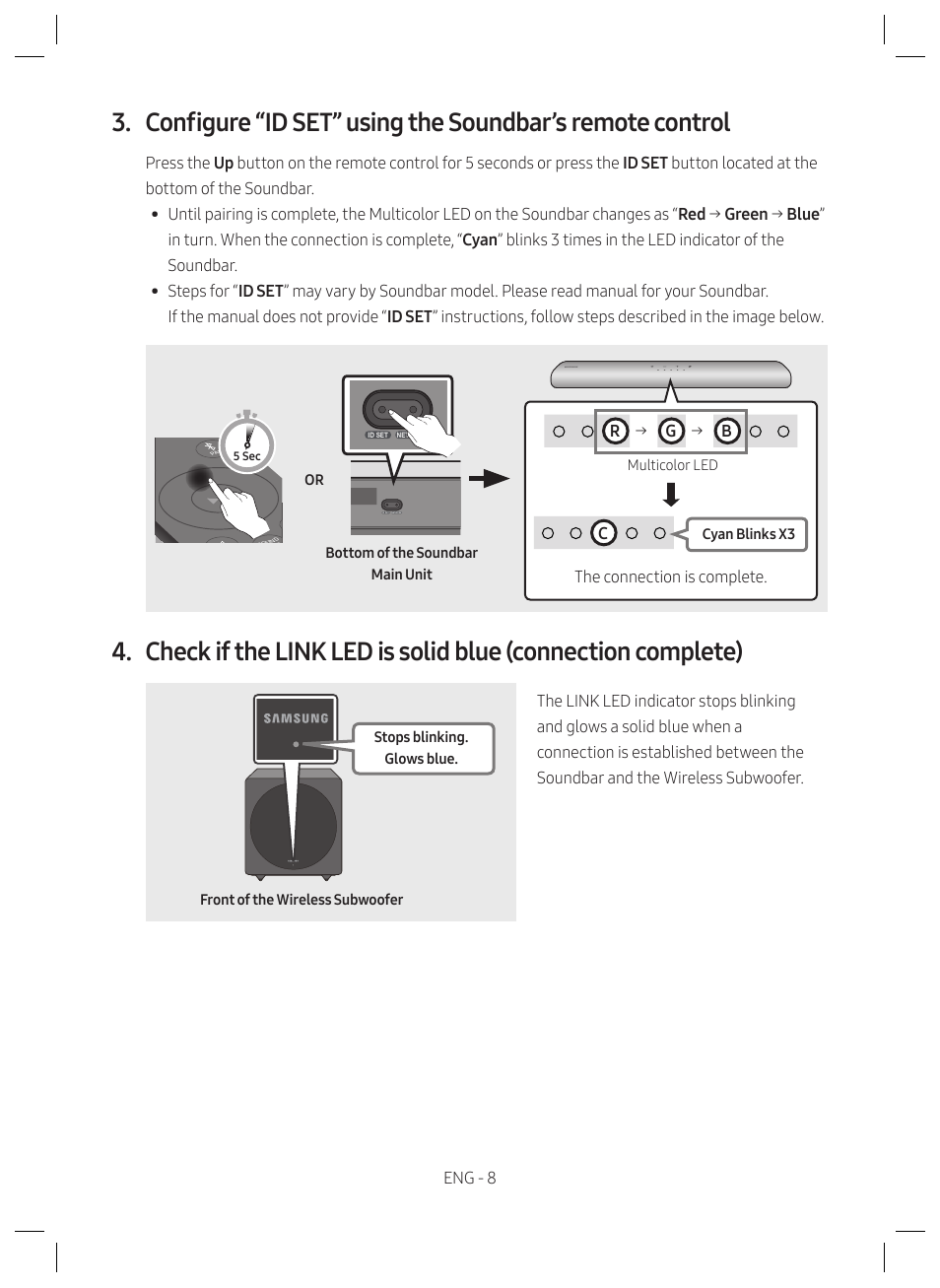 Compatible models, Eng - 8 eng - 9, R→ g → b | The connection is complete. c | Samsung SWA-W510 6.5" Wireless Subwoofer for S-Series Soundbars User Manual | Page 8 / 11