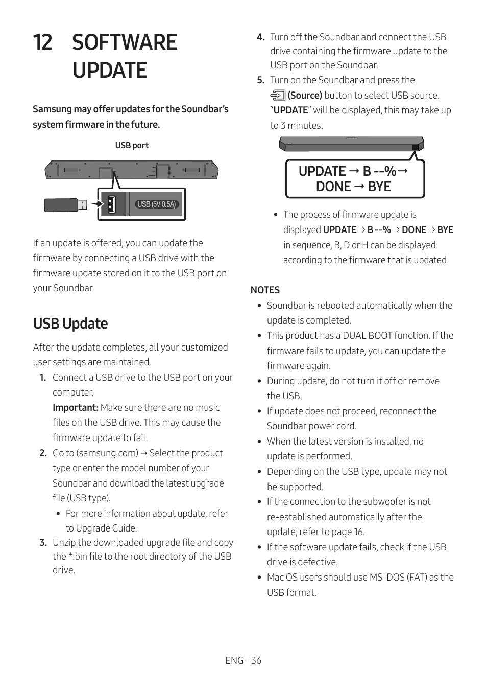 12 software update, Usb update, Software update | Update  b --%  done  bye | Samsung HW-Q600B 3.1.2-Channel Soundbar System User Manual | Page 36 / 127