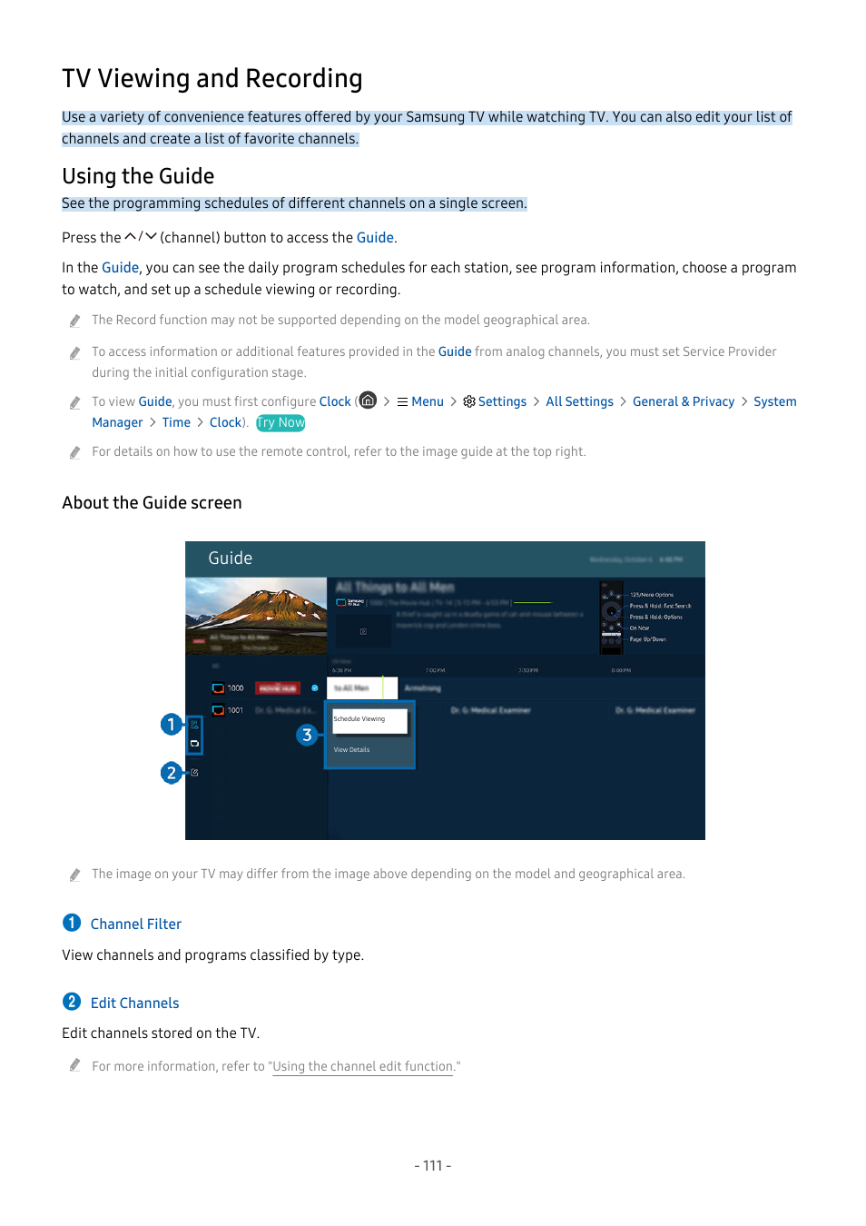 Tv viewing and recording, Using the guide, About the guide screen | 111 using the guide, About the guide screen guide | Samsung S95C 77" 4K HDR Quantum Dot OLED TV User Manual | Page 111 / 272