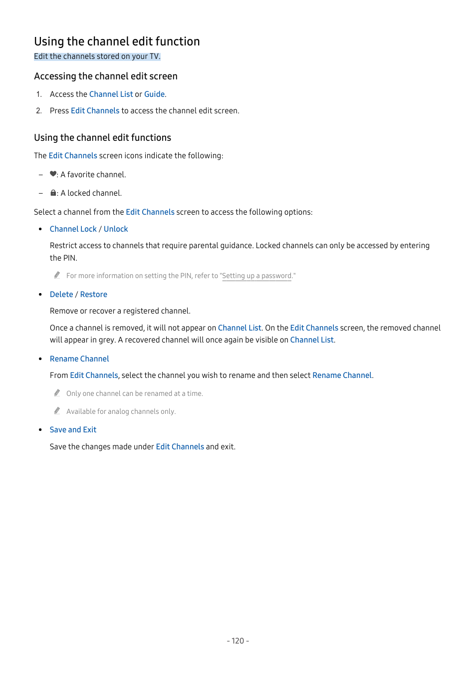 Using the channel edit function, Accessing the channel edit screen, Using the channel edit functions | 120 using the channel edit function | Samsung S95C 77" 4K HDR Quantum Dot OLED TV User Manual | Page 120 / 272