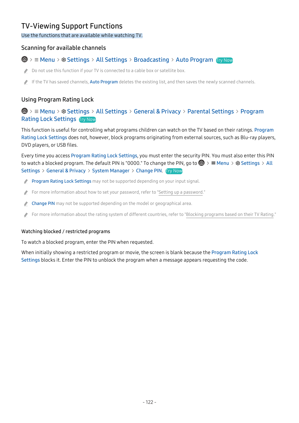 Tv-viewing support functions, Scanning for available channels, Using program rating lock | Watching blocked / restricted programs, 122 tv-viewing support functions | Samsung S95C 77" 4K HDR Quantum Dot OLED TV User Manual | Page 122 / 272