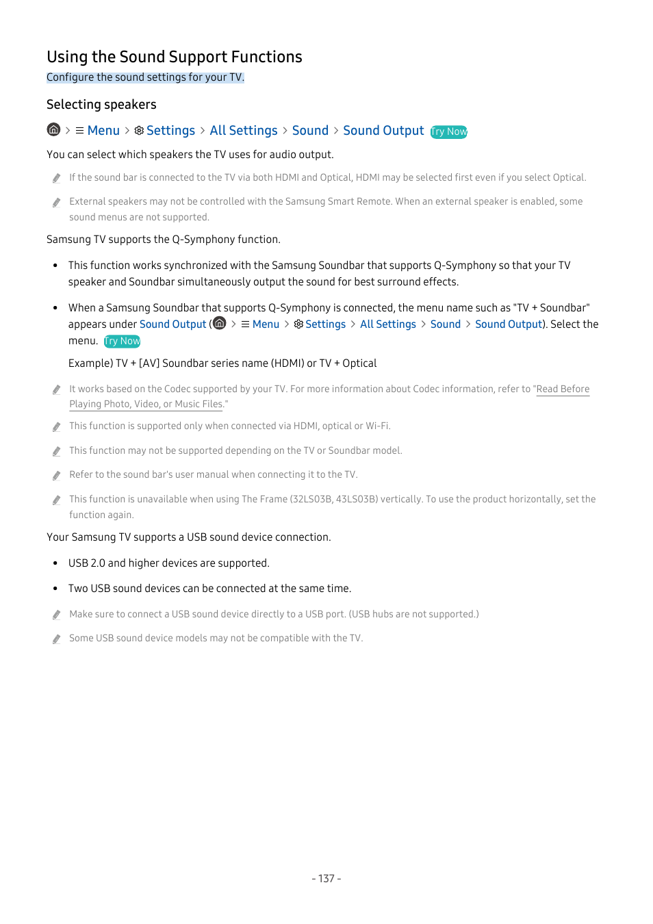 Using the sound support functions, Selecting speakers, 137 using the sound support functions | Samsung S95C 77" 4K HDR Quantum Dot OLED TV User Manual | Page 137 / 272